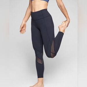 Athleta Salutation  Leggings W/ Mesh Detail 7/8- In Navy Blue